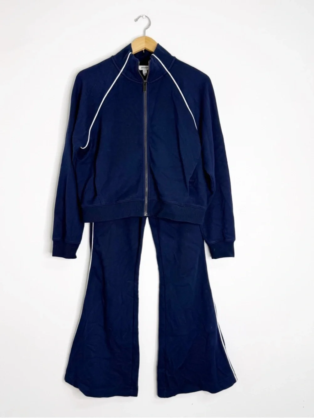SPANX AirEssentials Sweatsuit Large Navy Full Zip Jacket Flare Pants Set